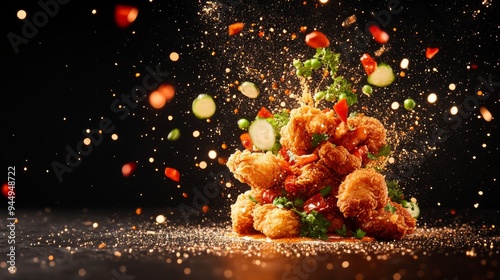 Fototapeta Naklejka Na Ścianę i Meble -  A dynamic and colorful shot of fried food, including vegetables, scattered in mid-air with vibrant sparks and seasoning against a dark backdrop.
