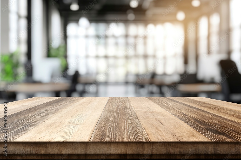 Empty wooden table top in front of a blurred background, showcasing a stylish office meeting area, ideal for business advertising presentations, ai Empty wooden table top in front of a blurred background, showcasing a stylish office meeting area, ideal for business advertising presentations, ai