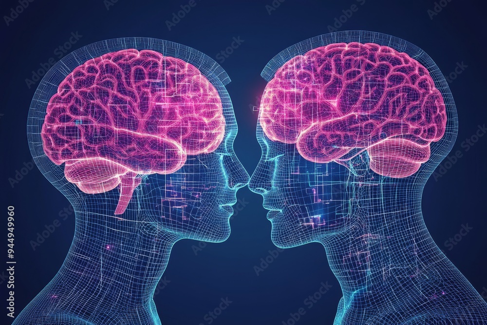Blue and pink neon brain profiles in deep conversation visualizing the dynamic of intellectual exchange Blue and pink neon brain profiles in deep conversation visualizing the dynamic of intellectual exchange