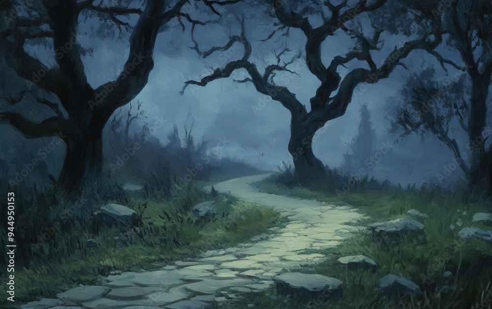 Stone path through a dark, misty forest with twisted trees, creating a mysterious and eerie atmosphere under the moonlight. Stone path through a dark, misty forest with twisted trees, creating a mysterious and eerie atmosphere under the moonlight.
