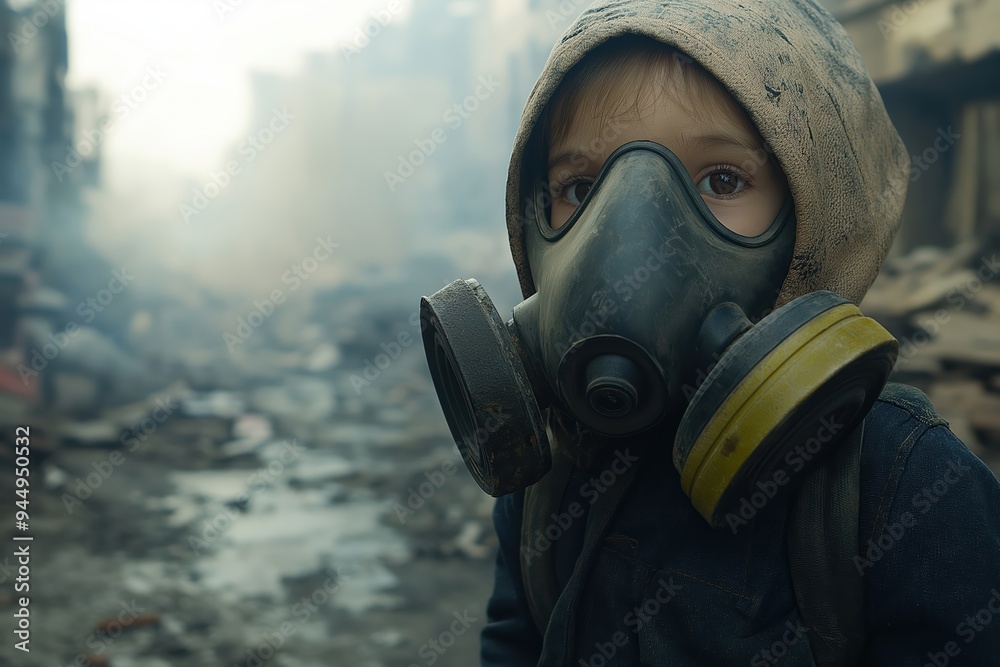 Child wearing gas mask standing amid rubble of war zone Child wearing gas mask standing amid rubble of war zone