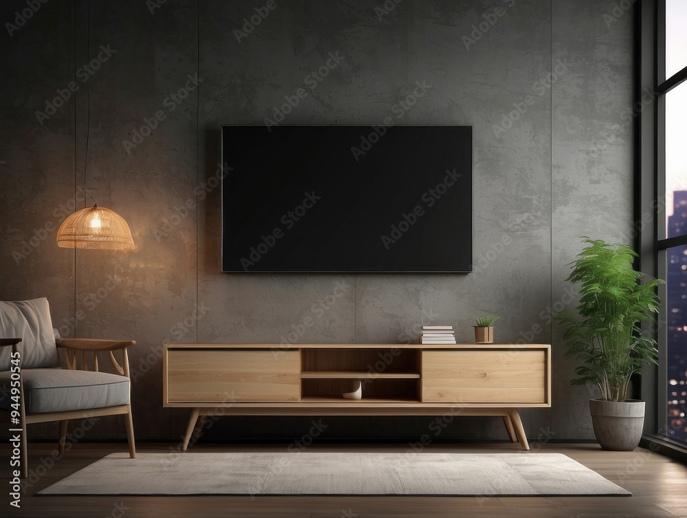 Modern Living Room with TV, Wooden Cabinet, and Plant Modern Living Room with TV, Wooden Cabinet, and Plant