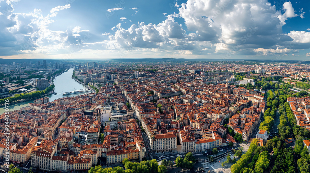 Obraz premium Aerial view of Lyon's vibrant urban landscape featuring historic architecture and green spaces along the river in sunny weather