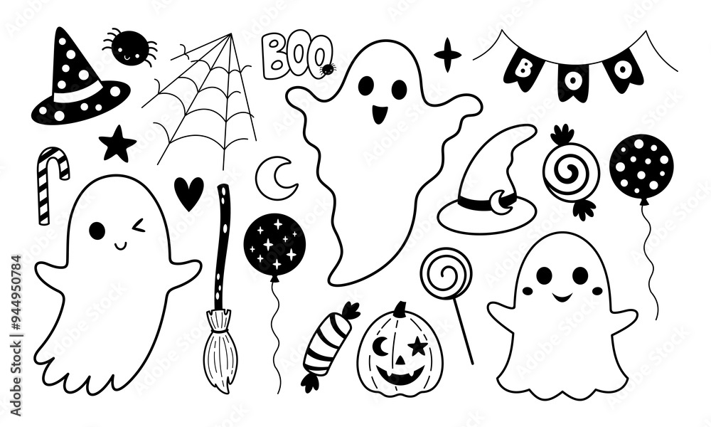Fototapeta premium Black and white Halloween ghost clipart. Black ghost clipart. Halloween doodle. Spooky season. Hand drawn vector illustration.