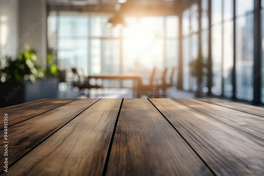 Empty wooden table top in front of a blurred background, showcasing a stylish office meeting area, ideal for business advertising presentations, ai Empty wooden table top in front of a blurred background, showcasing a stylish office meeting area, ideal for business advertising presentations, ai