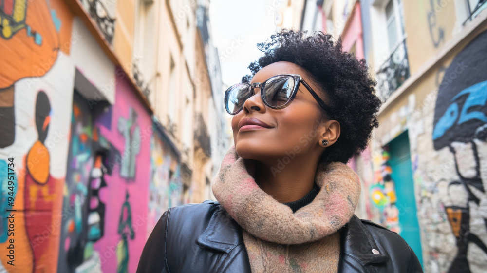 Naklejka premium Black woman experiencing the artistic culture of Paris, visiting street art and galleries