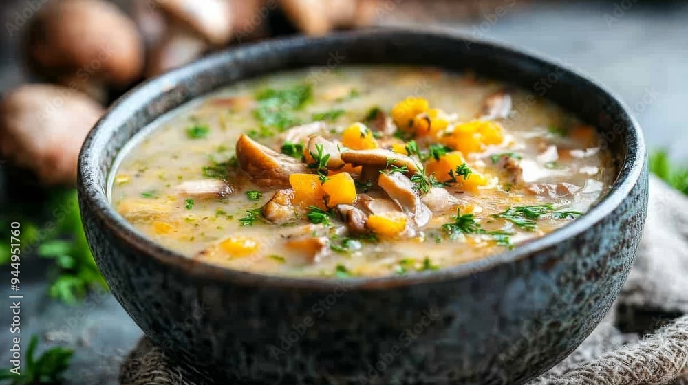 Savory seasonal vegetarian soup w/ chanterelles Savory seasonal vegetarian soup w/ chanterelles