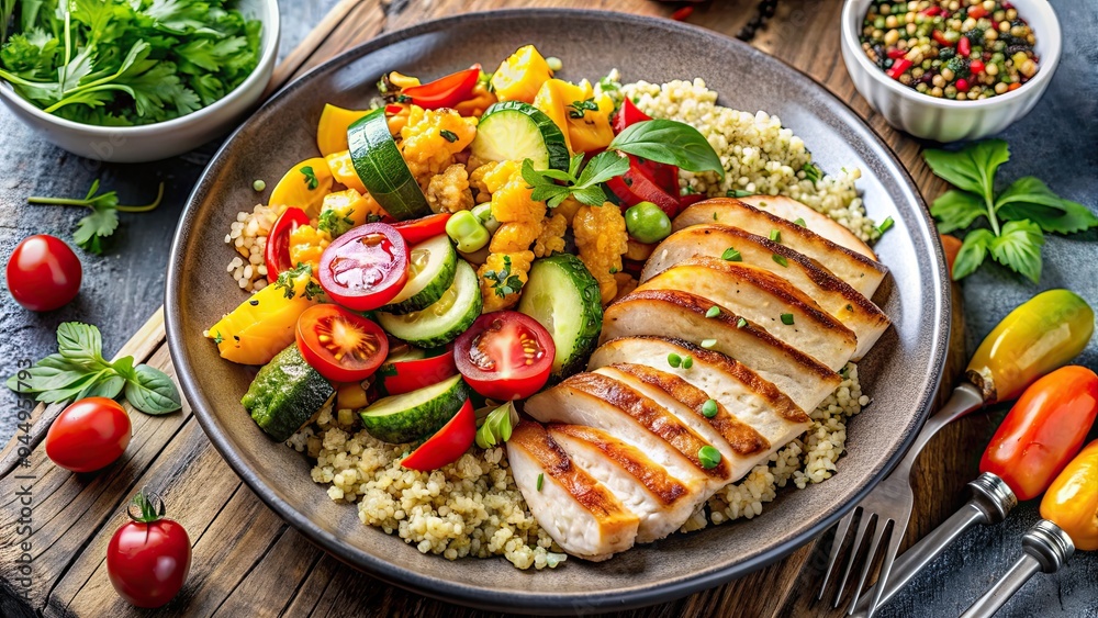 Healthy food dinner featuring a plate of colorful vegetables, grilled chicken, and quinoa, Healthy, food, dinner Healthy food dinner featuring a plate of colorful vegetables, grilled chicken, and quinoa, Healthy, food, dinner