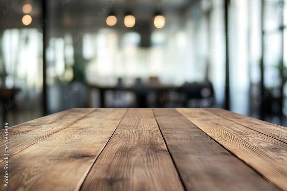 Empty wooden table top in front of a blurred background, showcasing a stylish office meeting area, ideal for business advertising presentations, ai Empty wooden table top in front of a blurred background, showcasing a stylish office meeting area, ideal for business advertising presentations, ai