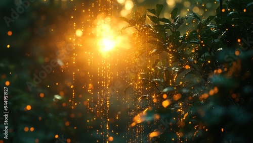 A stunning sunset with plants illuminated by golden lights, creating a magical and warm atmosphere.