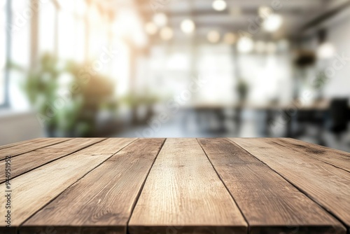 Empty wooden table top in front of a blurred background, showcasing a stylish office meeting area, ideal for business advertising presentations, ai