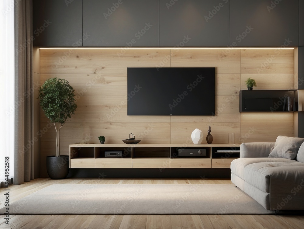 Modern Living Room with a Large Television and a Light Wood Wall