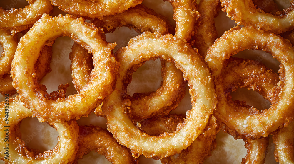Crispy fried Onion rings in warm tone, Close-up, ratio 16:9