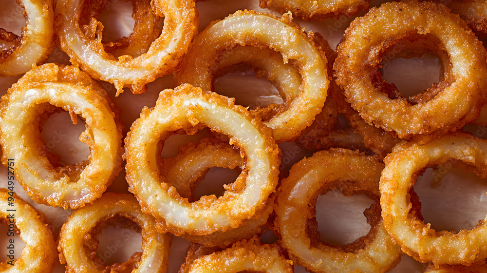 Crispy fried Onion rings in warm tone, Close-up, ratio 16:9 Crispy fried Onion rings in warm tone, Close-up, ratio 16:9