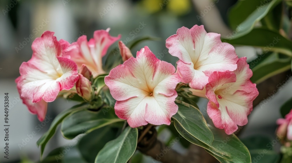 Closeup of adenium with double pink-white blooms. Closeup of adenium with double pink-white blooms.