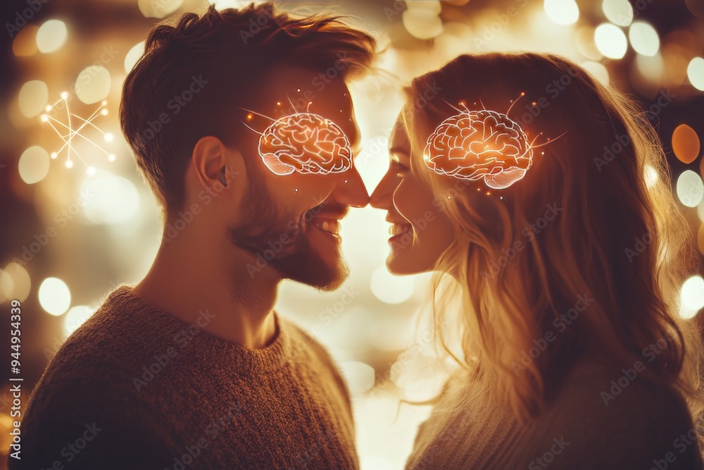 Romantic brain illumination in a couple showcasing the glowing interaction of love and thoughts Romantic brain illumination in a couple showcasing the glowing interaction of love and thoughts