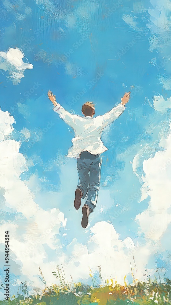 A joyful person leaps into the blue sky, embodying freedom and the spirit of adventure amidst fluffy white clouds. A joyful person leaps into the blue sky, embodying freedom and the spirit of adventure amidst fluffy white clouds.