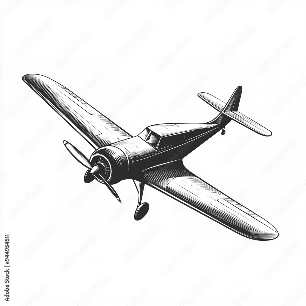 Vintage Airplane Illustration: A classic airplane in flight, drawn with ...
