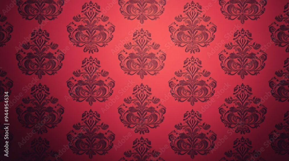 Elegant red wallpaper featuring intricate black damask patterns. Elegant red wallpaper featuring intricate black damask patterns.