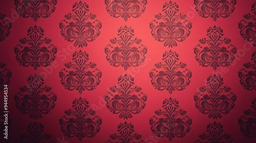 Elegant red wallpaper featuring intricate black damask patterns.