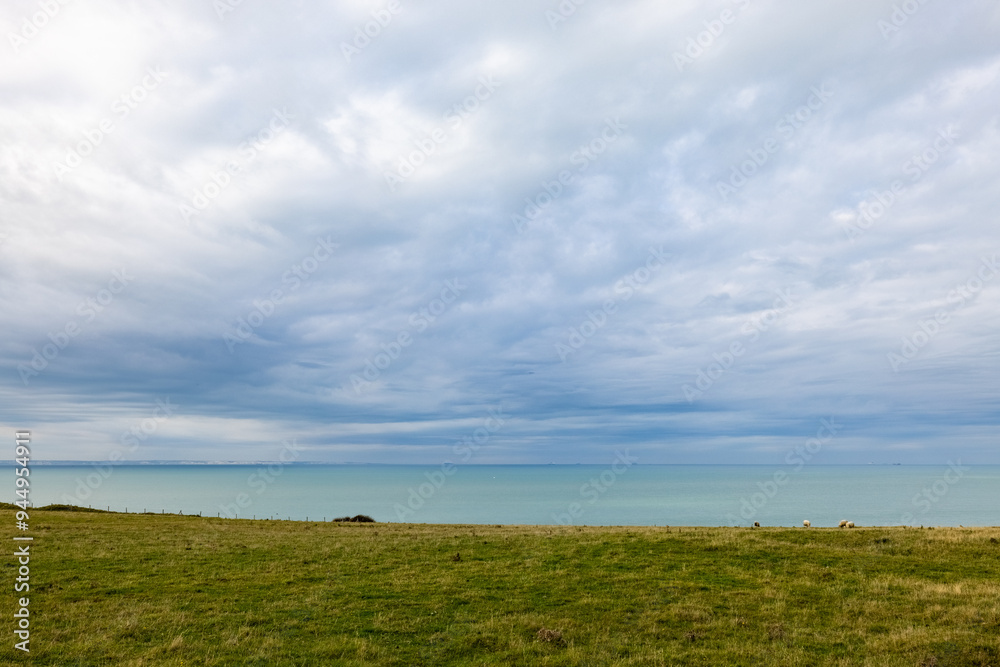 Peaceful view of a serene coastline with green fields, blue ocean, and cloudy sky stretching into the horizon Peaceful view of a serene coastline with green fields, blue ocean, and cloudy sky stretching into the horizon