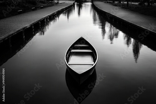 A serene black and white image featuring a solitary boat on still waters, surrounded by trees and a quiet landscape.