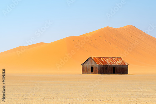 An abandoned and rustic house in the middle of a vast desert on a sunny day