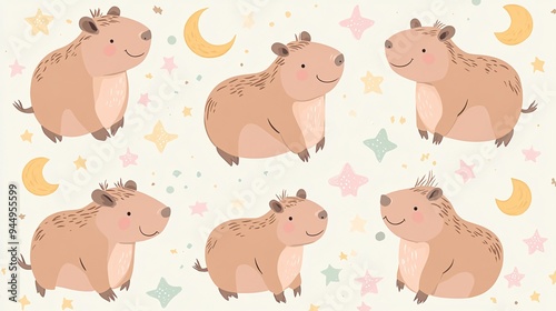 Cartoon capybaras with abstract stars and moons on a pastel-colored background