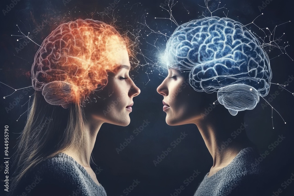 Fiery and intense interaction between two brain profiles depicting the dynamic exchange of passionate ideas Fiery and intense interaction between two brain profiles depicting the dynamic exchange of passionate ideas