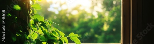 A serene view from a window with lush green vines, capturing the peaceful essence of nature and sunlight streaming through.