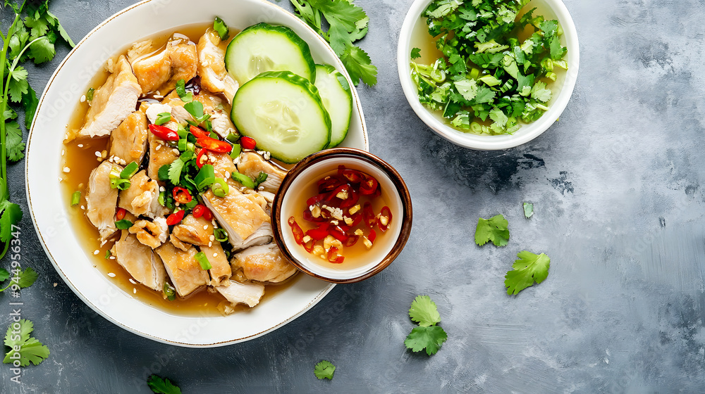 An overhead shot of Khao Man Gai, with a side of cucumber slices and a bowl of clear broth An overhead shot of Khao Man Gai, with a side of cucumber slices and a bowl of clear broth