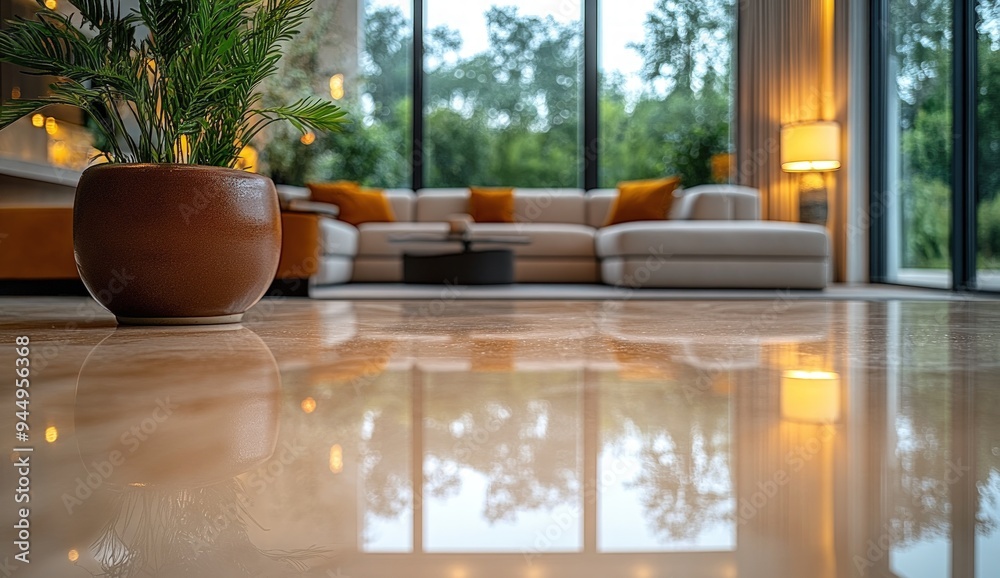 A close-up shot of a polished marble floor in a modern living room. A close-up shot of a polished marble floor in a modern living room.
