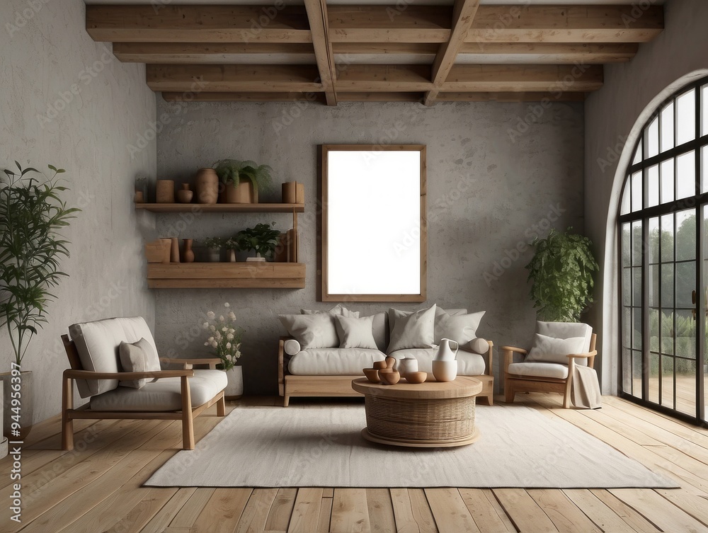 Modern Living Room with Wooden Beams, Neutral Palette, and Large Window Modern Living Room with Wooden Beams, Neutral Palette, and Large Window