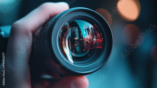 Wallpaper Mural A close-up of a camera lens reflecting a vibrant city skyline during the evening hours, showcasing stunning urban lights and architecture Torontodigital.ca