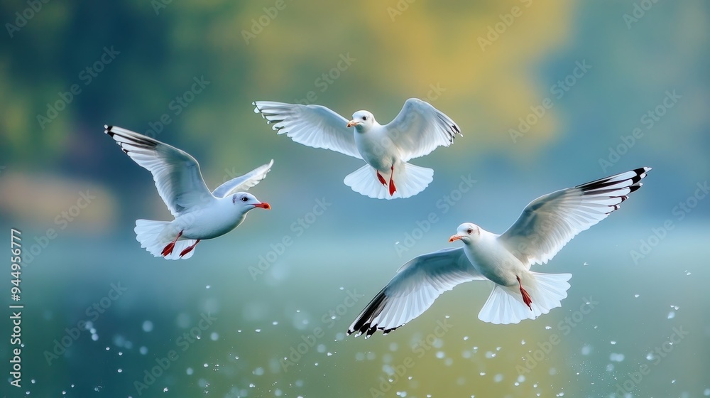 Obraz premium White Gulls. Blue green background.
