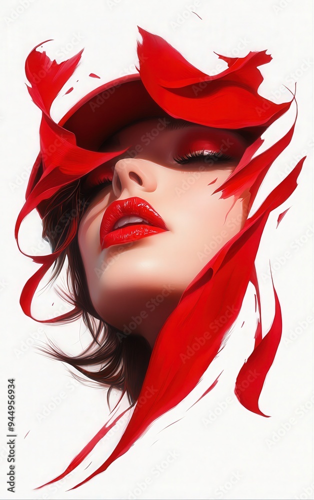 A striking portrait of a woman with bold red lips and vibrant red