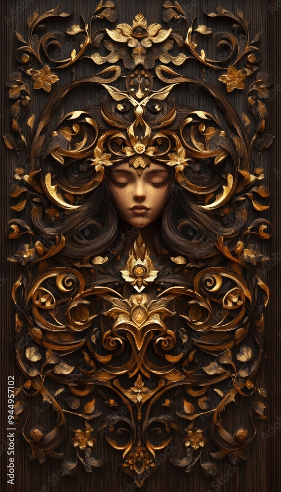 A stunning decorative relief featuring a serene face entwined with intricate floral patterns and golden accents. A stunning decorative relief featuring a serene face entwined with intricate floral patterns and golden accents.