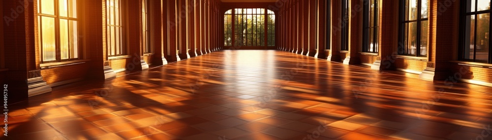 A sunlit hallway featuring polished wooden floors and elegant columns, creating a warm and inviting atmosphere. A sunlit hallway featuring polished wooden floors and elegant columns, creating a warm and inviting atmosphere.