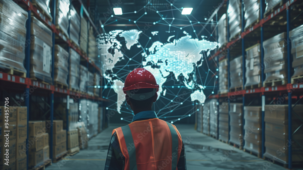 Warehouse Worker Analyzing Global Network Connection in a High-Tech Facility.. Warehouse Worker Analyzing Global Network Connection in a High-Tech Facility..