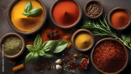 Top view of vibrant herbs, spices, and vegetables, showcasing their rich colors and textures. Highlighting the organic, healthy ingredients full of fibers and vitamins, perfect for wholesome cooking