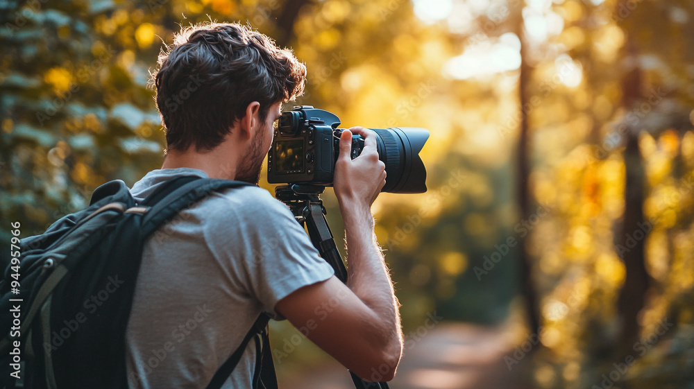 A photographer capturing nature's beauty during golden hour in a lush forest in the early evening A photographer capturing nature's beauty during golden hour in a lush forest in the early evening