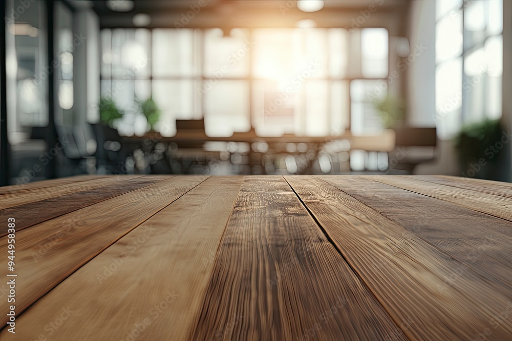 Empty wooden table top in front of a blurred background, showcasing a stylish office meeting area, ideal for business advertising presentations, ai Empty wooden table top in front of a blurred background, showcasing a stylish office meeting area, ideal for business advertising presentations, ai