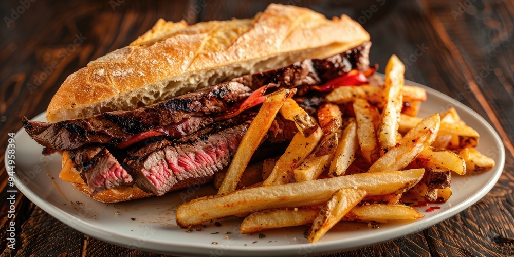 Grilled ribeye sandwich on a baguette served with medium-rare fries. Grilled ribeye sandwich on a baguette served with medium-rare fries.