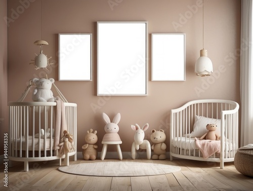 Modern Nursery Interior with White Crib, Plush Toys, and Empty Frames