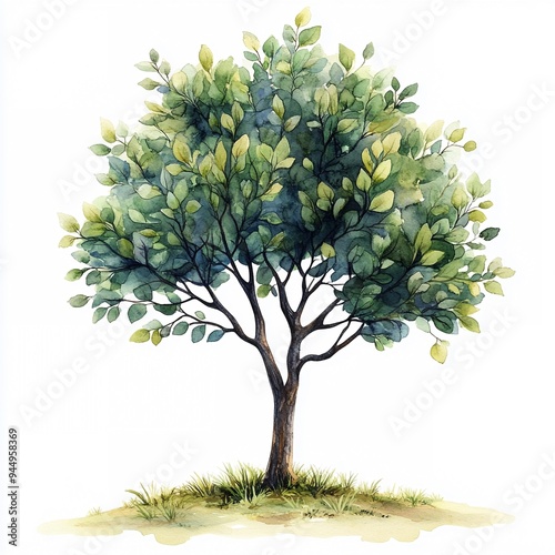 Watercolor Tree Illustration: A delicate watercolor painting of a lush, green tree, standing tall and graceful against a white background. Its vibrant leaves and textured bark evoke a sense of serenit photo