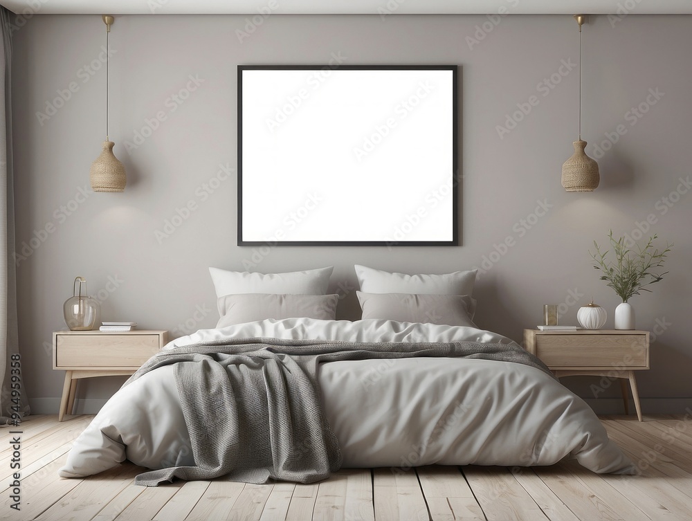 Minimalist Bedroom Interior with Blank Canvas Artwork Minimalist Bedroom Interior with Blank Canvas Artwork