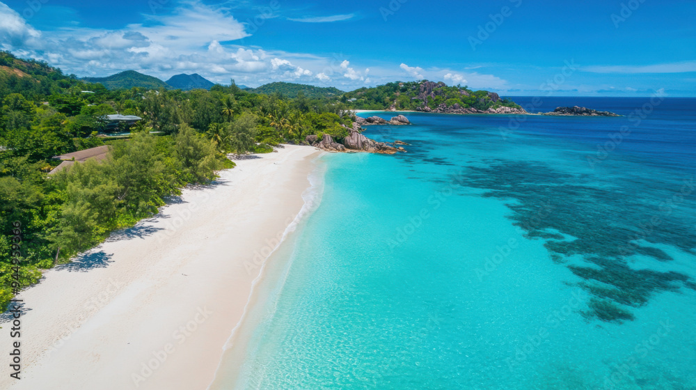 Captivating Seychelles beach scene with clean white sand and crystal-clear turquoise waters Captivating Seychelles beach scene with clean white sand and crystal-clear turquoise waters