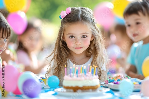 Joyful young girl celebrating birthday with cake and balloons