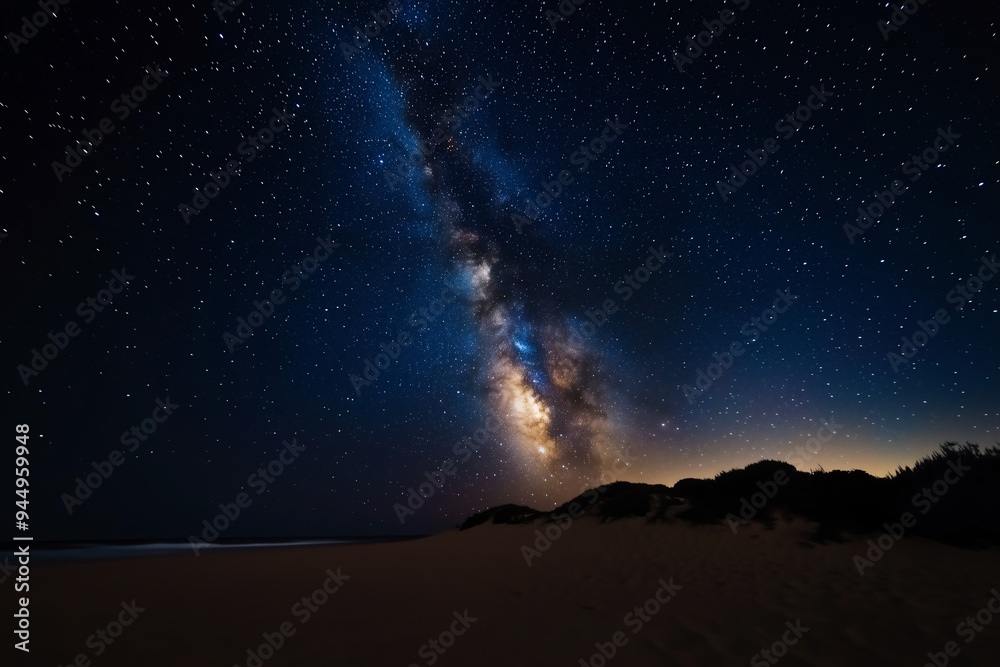 Starry night sky over a beach near hills Starry night sky over a beach near hills