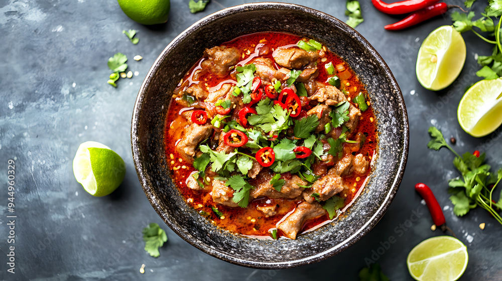 An overhead shot of Nam Tok Moo, surrounded by lime wedges, chili peppers, and fresh herbs An overhead shot of Nam Tok Moo, surrounded by lime wedges, chili peppers, and fresh herbs